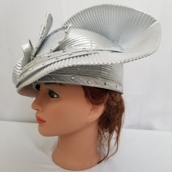 Easter Sunday Church Derby Hat Silver Floral - Picture 7 of 8